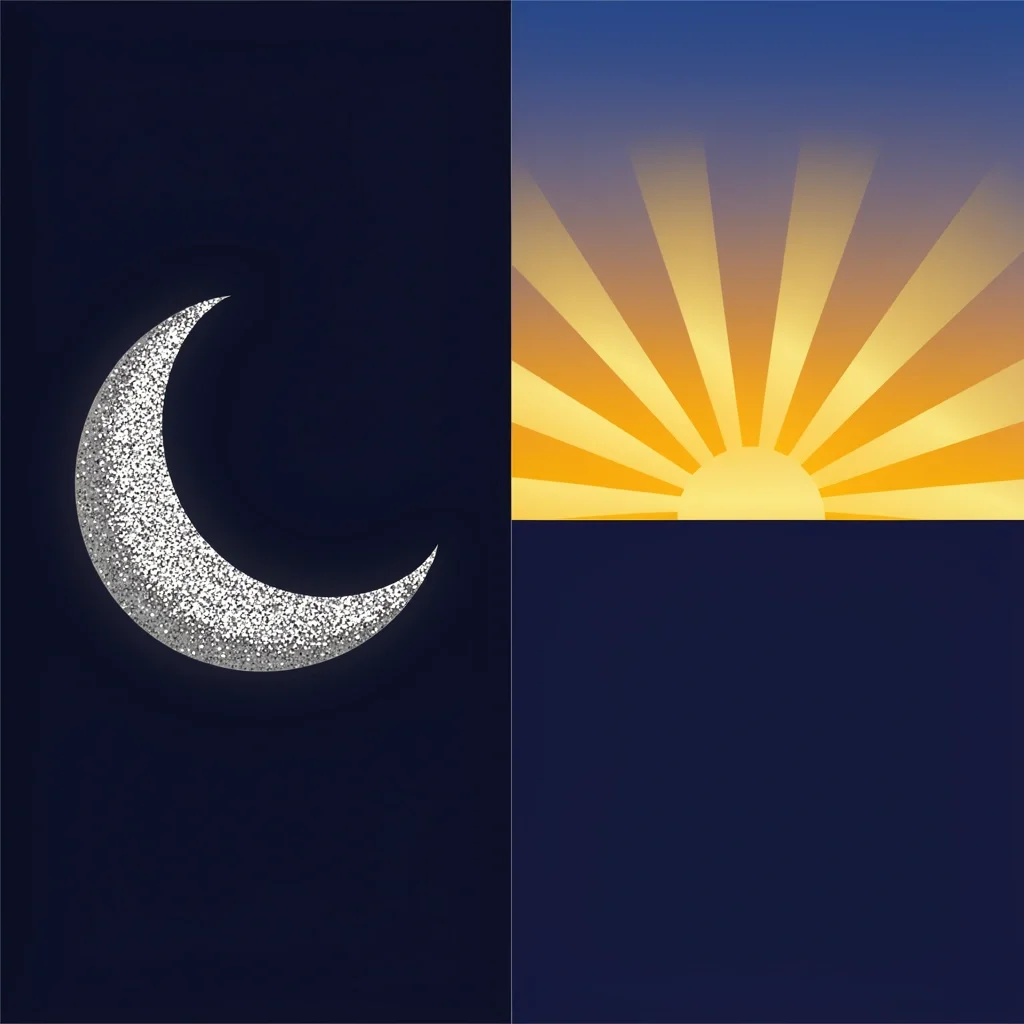 Metaphor for silver as moonlight and gold as sunset against navy blue