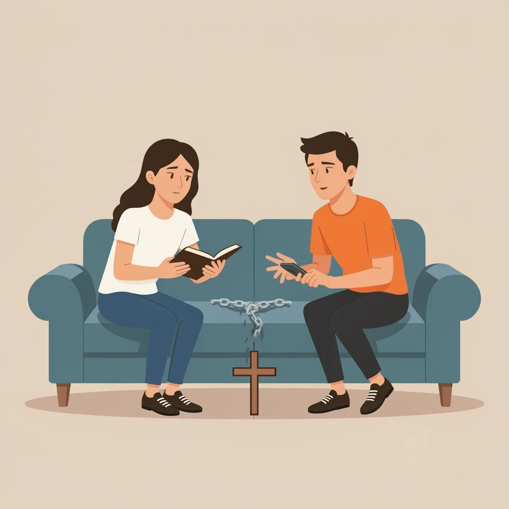 Couple on couch with broken devotional habit and one partner distracted by phone