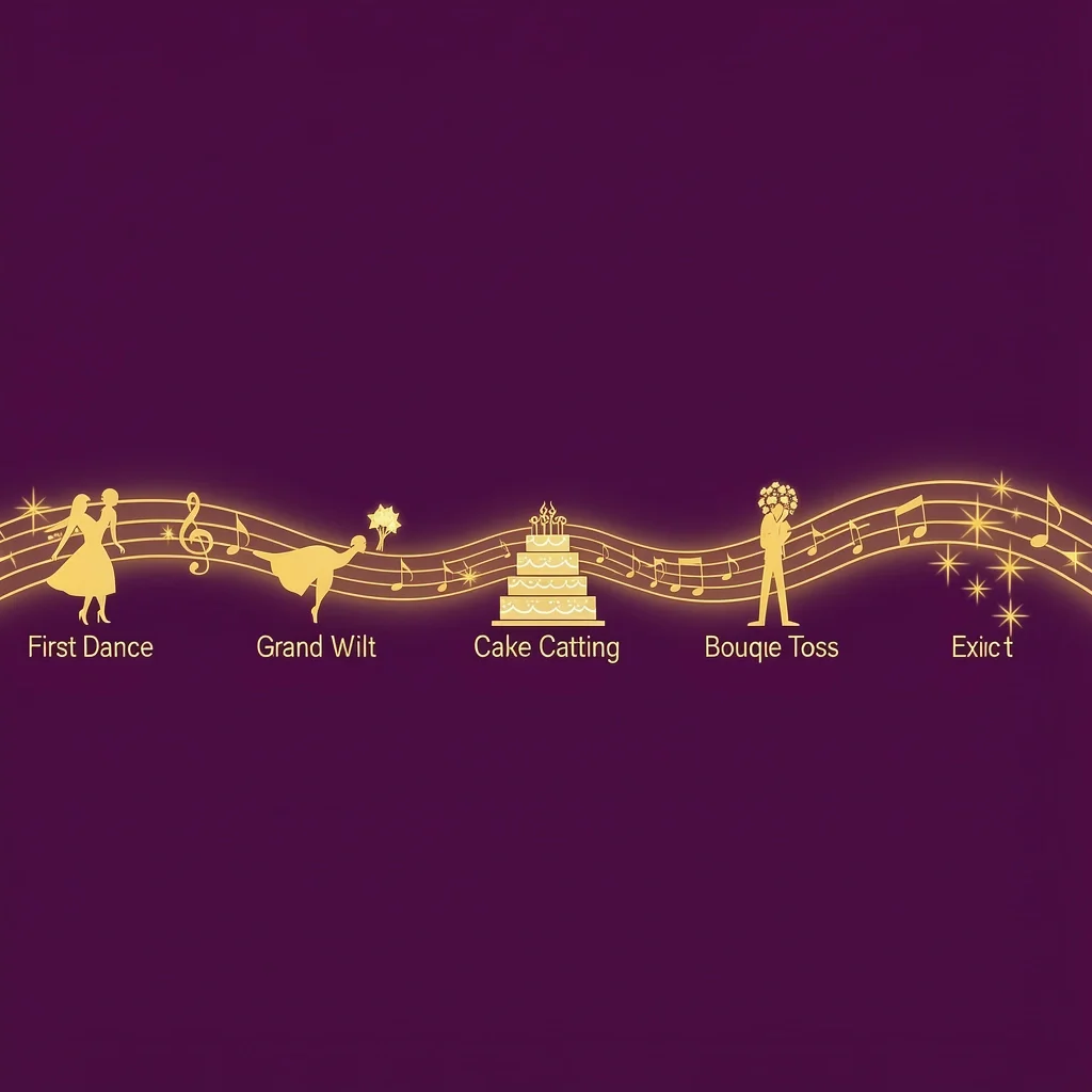Wedding Moments and Their Most Played Songs Alegria-style timeline showing a glowing music staff connecting icons for first dance, cake cutting, bouquet toss, and grand exit