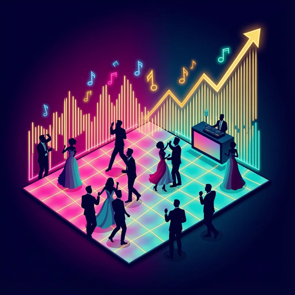 Dynamic illustration of a glowing dance floor with musical notes forming an upward chart representing the most played wedding songs