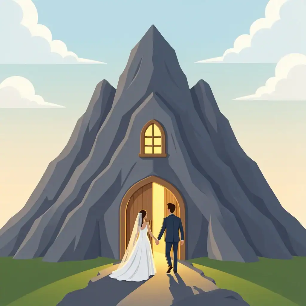 Location as Character in Micro Wedding Illustration of a mountain with a door and window, acting as a welcoming wedding venue, with a couple walking inside.