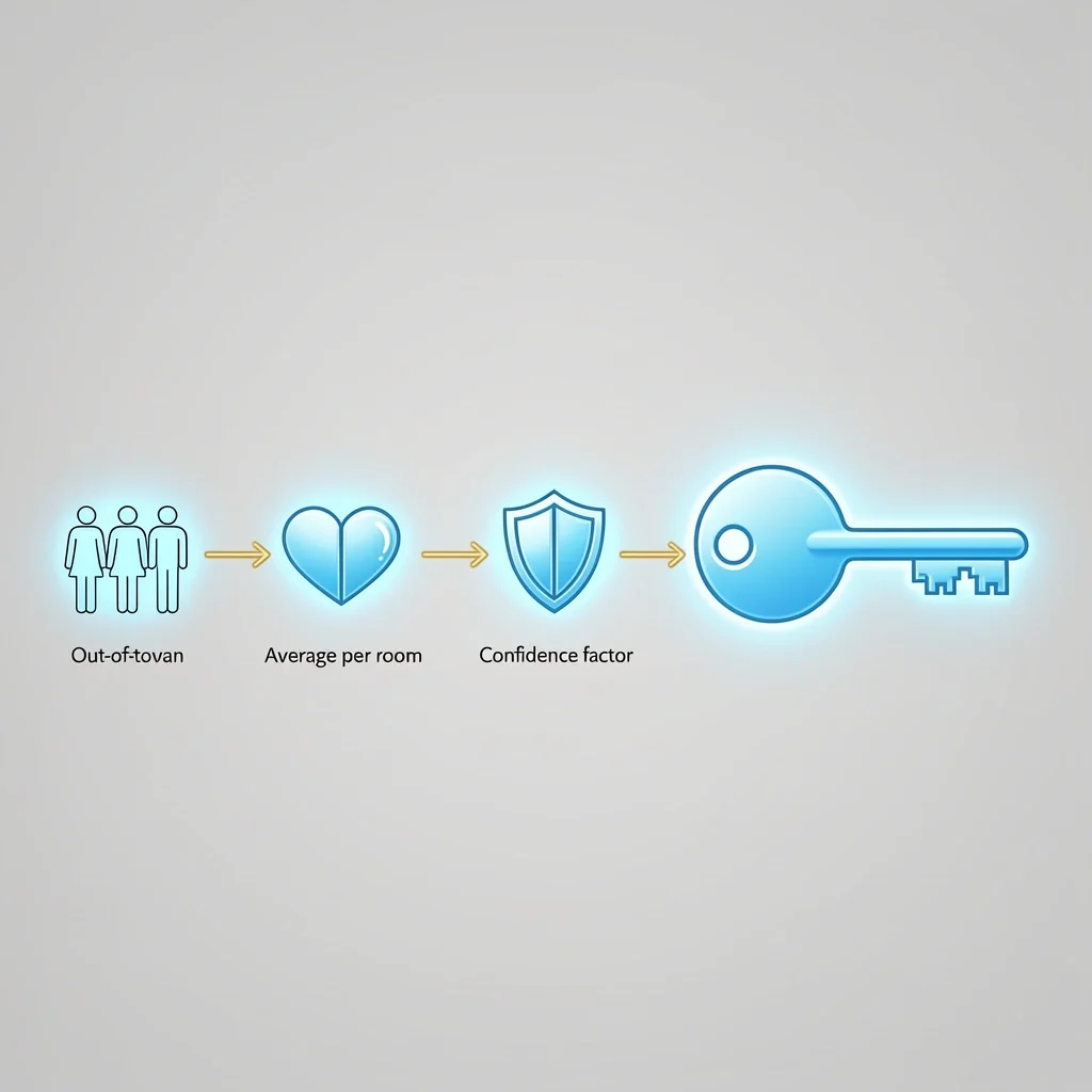 Wedding Room Block Multi-Variable Formula Line art of a formula with guest icons, split heart, and shield merging into a hotel key