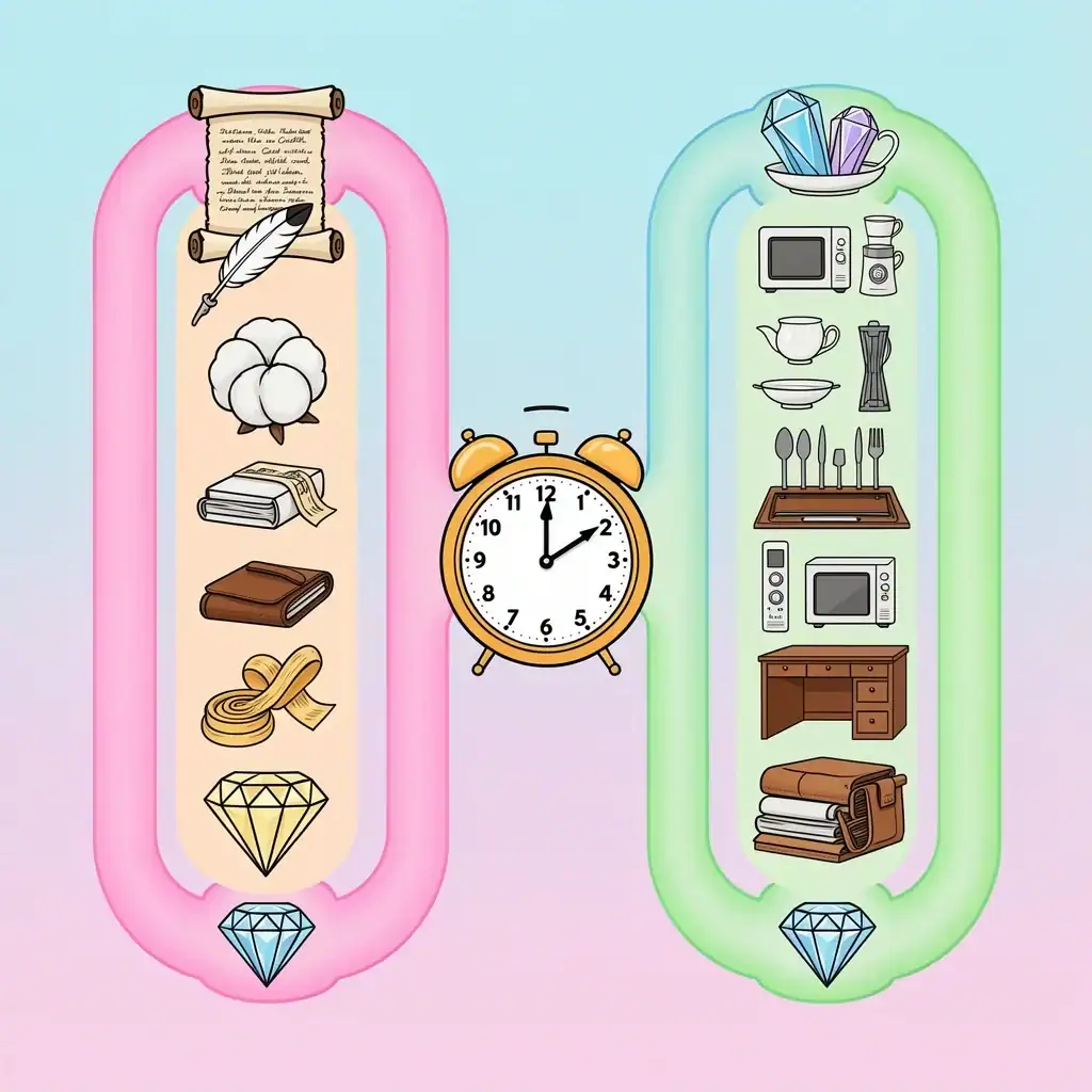 Multiple Anniversary Themes Explained A timeline with three paths showing traditional, modern, and hybrid anniversary gift themes evolving over time.