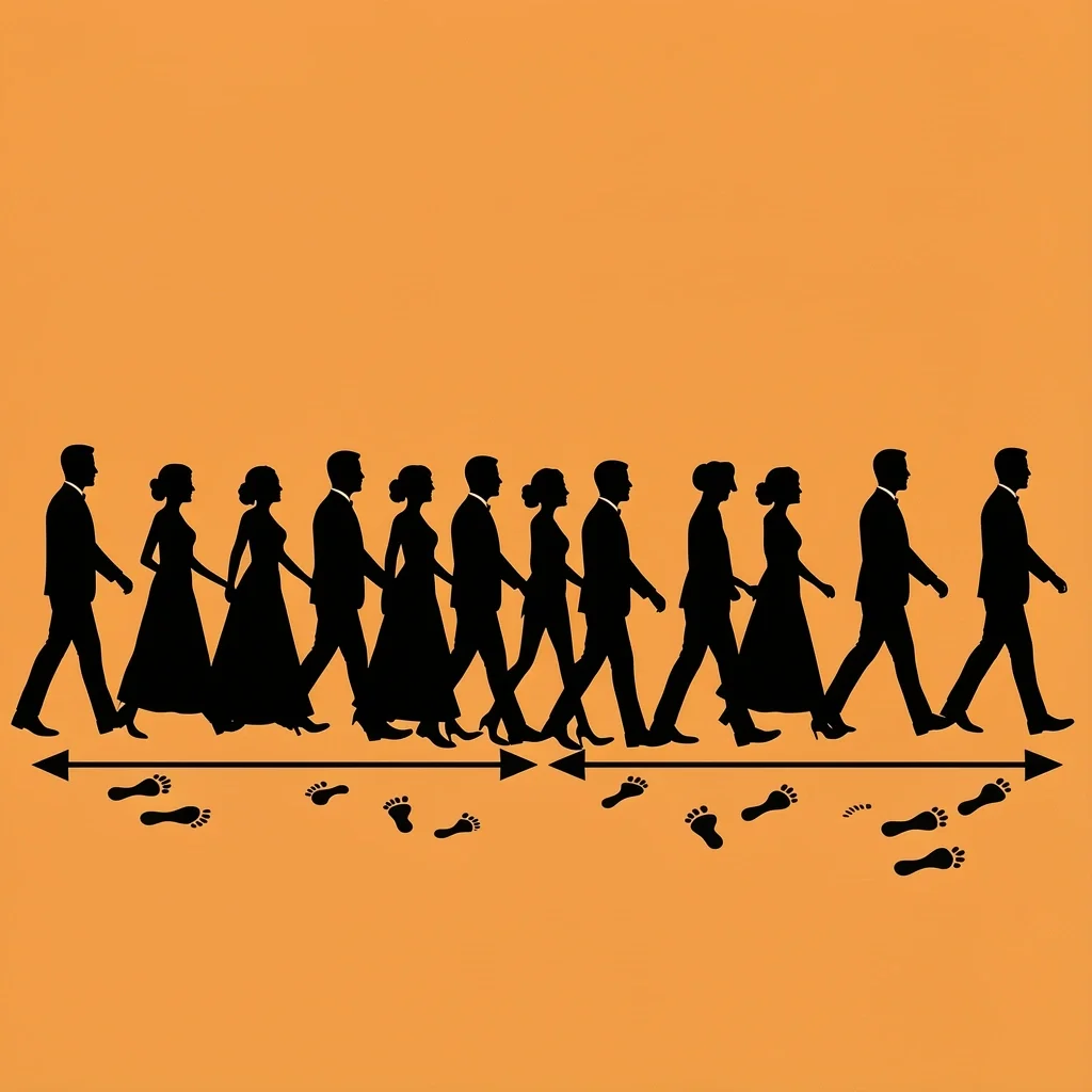 Muscle Memory Walking Silhouettes of wedding party members walking in a line with arrows and footprints illustrating muscle memory for movement.
