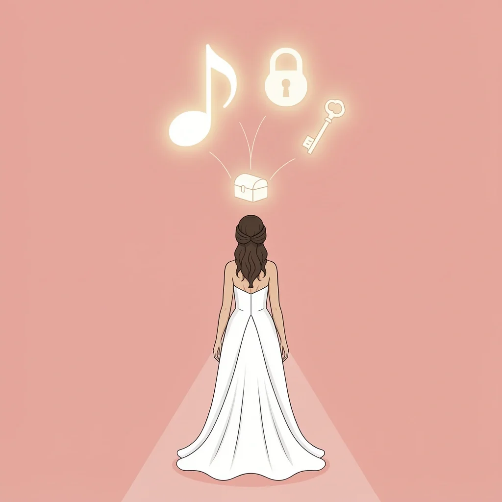 A bride walking down the aisle with a music note turning into a lock and key, illustrating how wedding music anchors memory.