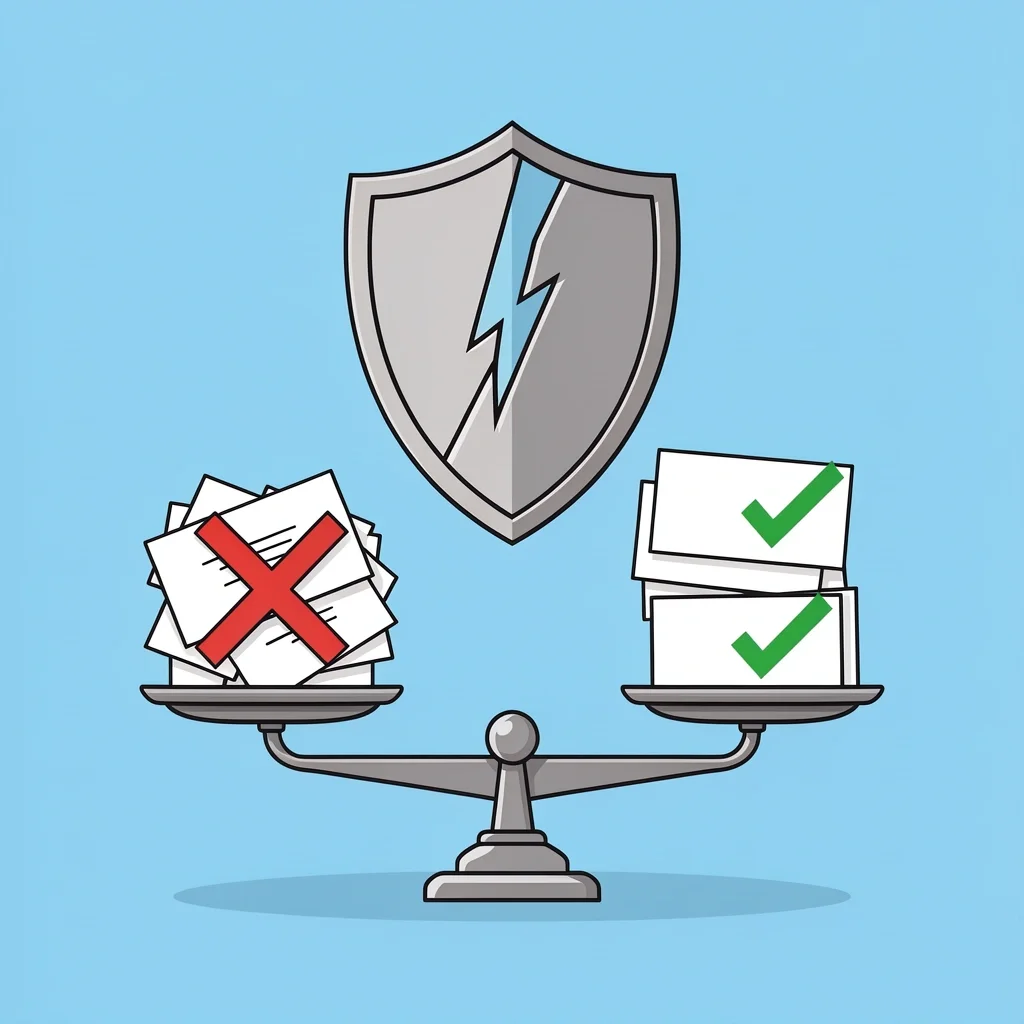 Myths About Keeping Wedding Cards Scale comparing messy pile of cards with curated stack, myth buster shield behind