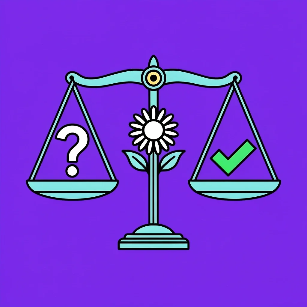 Myth vs Reality Balance scale with question mark and checkmark, flower in center representing myth vs reality in floral contracts