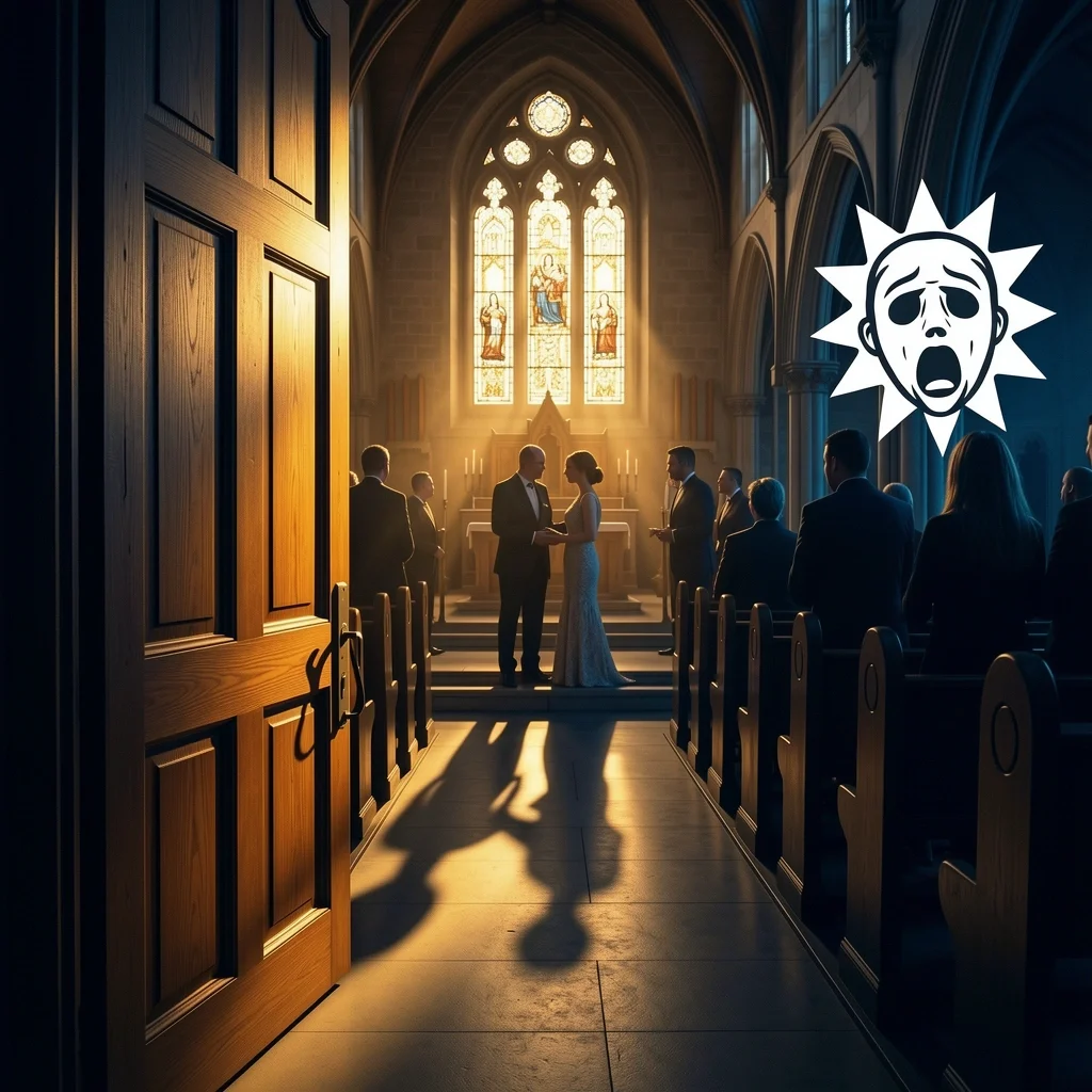 Myth About Slipping Into Wedding Ceremony Guest silhouette entering during wedding vows as camera captures the moment