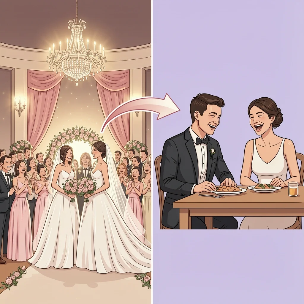 Wedding Best Day Myth vs Reality Split illustration showing a perfect Hollywood wedding on the left and a real laughing couple at a dinner table on the right on a lavender background.