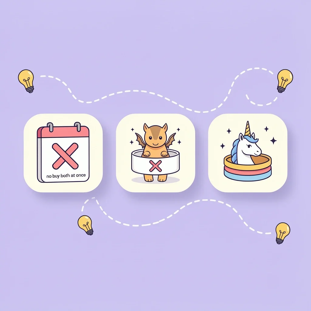 Common Myths About Engagement and Wedding Rings Three cute mythical creature icons on lavender background representing common ring myths: calendar cross, plain band crossed out, and male bands