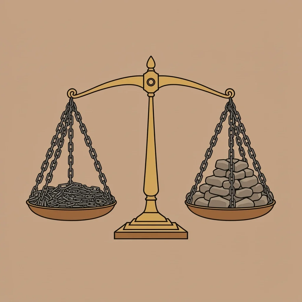 A balanced scale with broken chains on one side and solid stones on the other