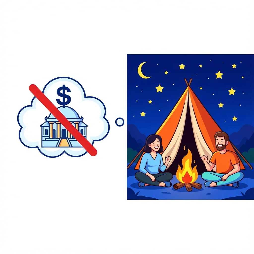Myths vs Reality Anniversary Travel Myth of expensive resort crossed out and reality of budget camping under stars side by side