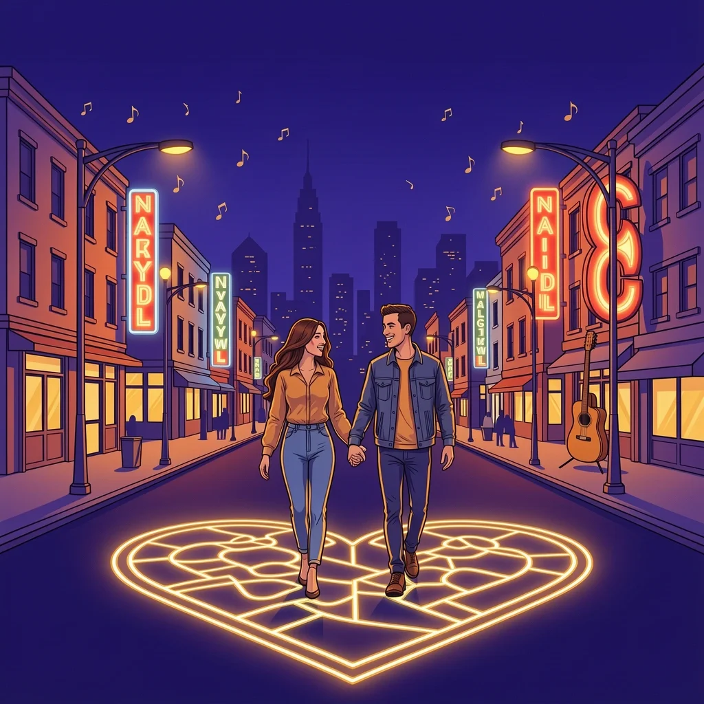 A couple enjoying a romantic date night walking along a vibrant Nashville street with neon lights and music notes