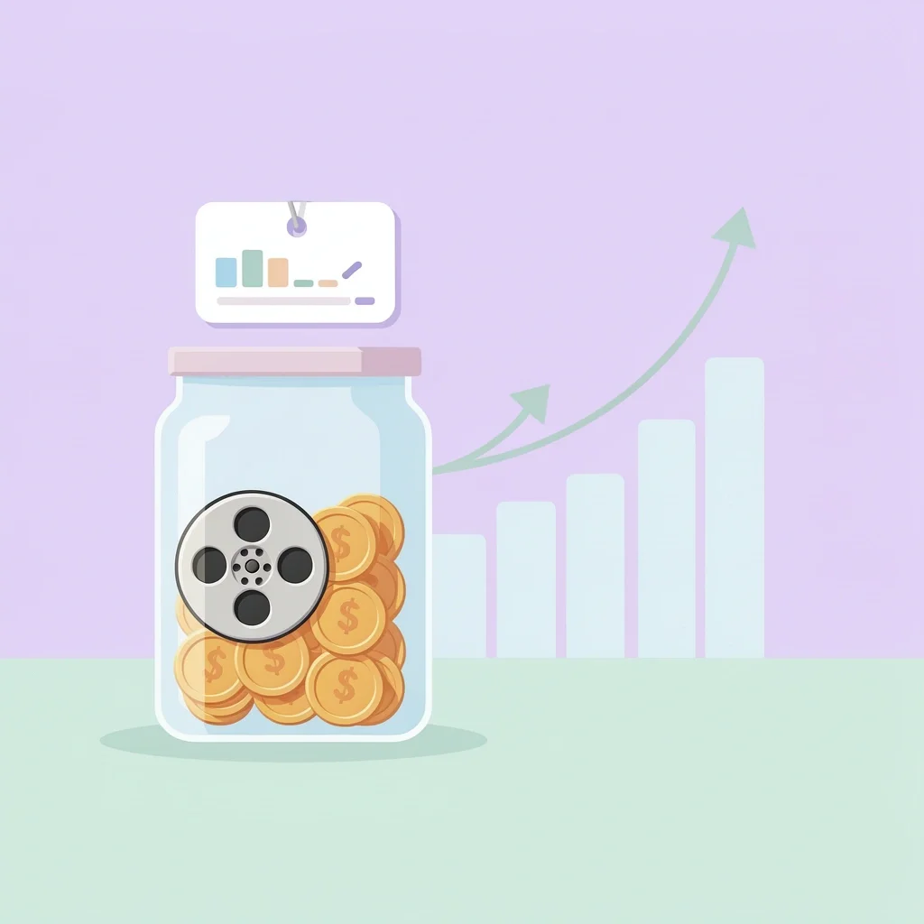 National average wedding videographer cost tiers A glass jar with coins and film reel icon showing national average cost range for wedding videographers.