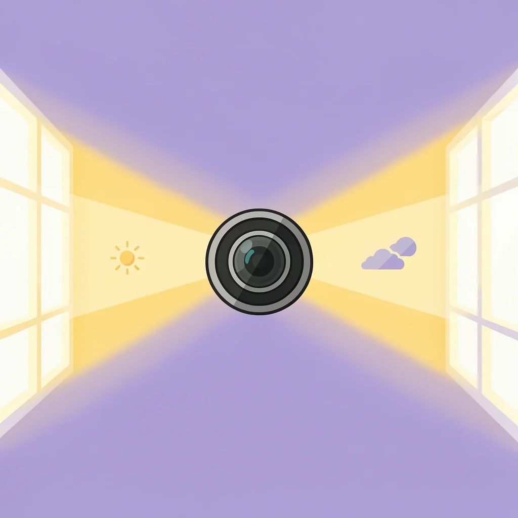 Camera lens with natural light beams from windows representing good hotel photography lighting