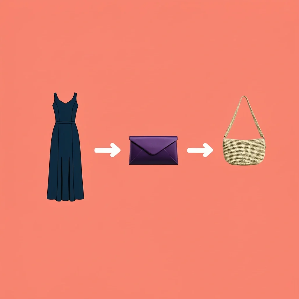 Vector illustration showing three bag styles for different wedding formality levels with a navy dress.