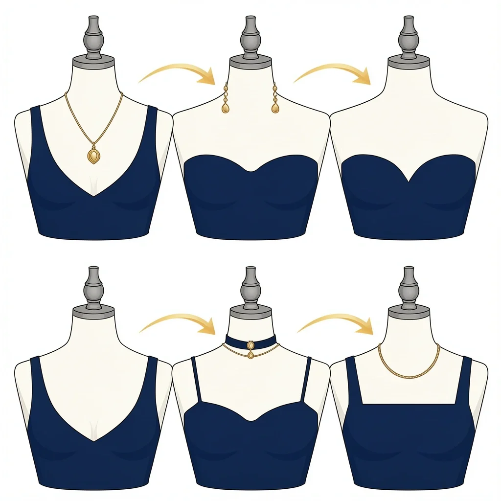 Illustration of four neckline styles with recommended jewelry for a navy dress.