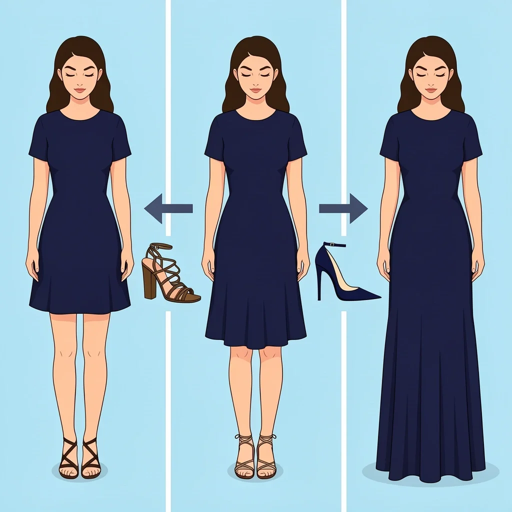 Vector illustration showing recommended shoe silhouettes for mini, midi, and maxi navy dresses.