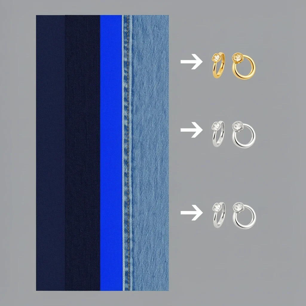 Different navy shades matched with gold or silver jewelry recommendations