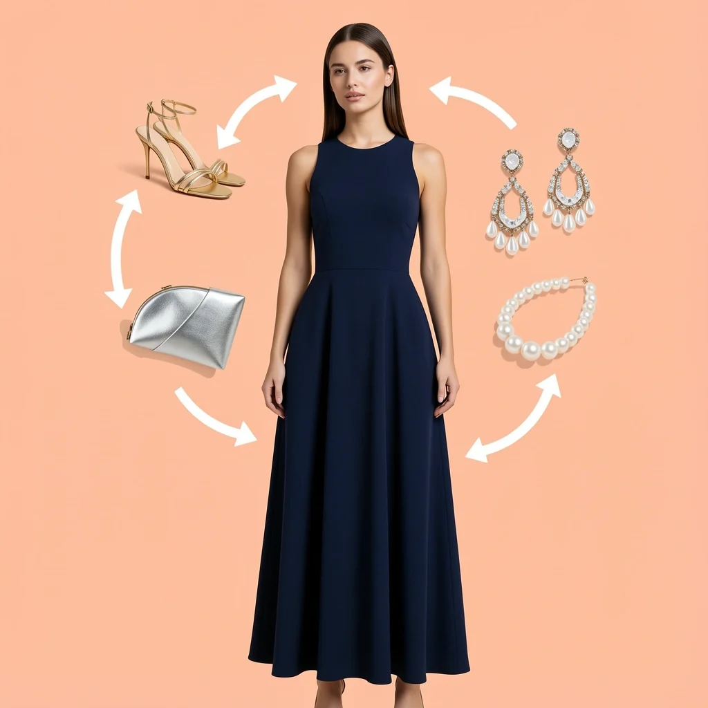 Featured image showing a woman in a navy dress with floating accessories including gold shoes, clutch, and jewelry for a wedding.