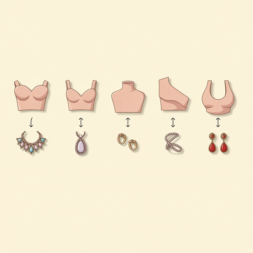 Five dress necklines with matching jewelry pieces: strapless with necklace, V-neck with pendant, high neck with earrings, one-shoulder with cuff, halter with drop earrings