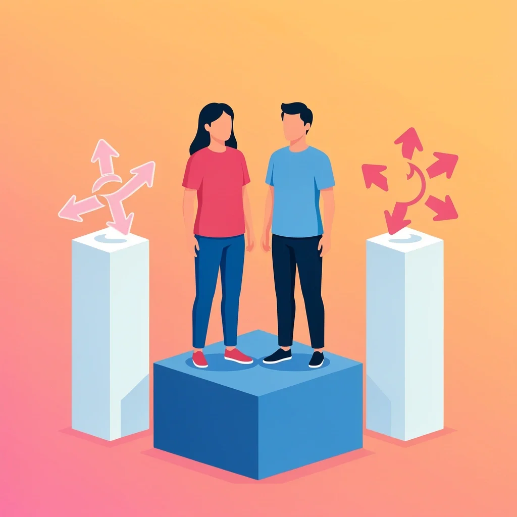 Newlywed couple standing on a platform with three pillars symbolizing alignment, connection, and cooperation