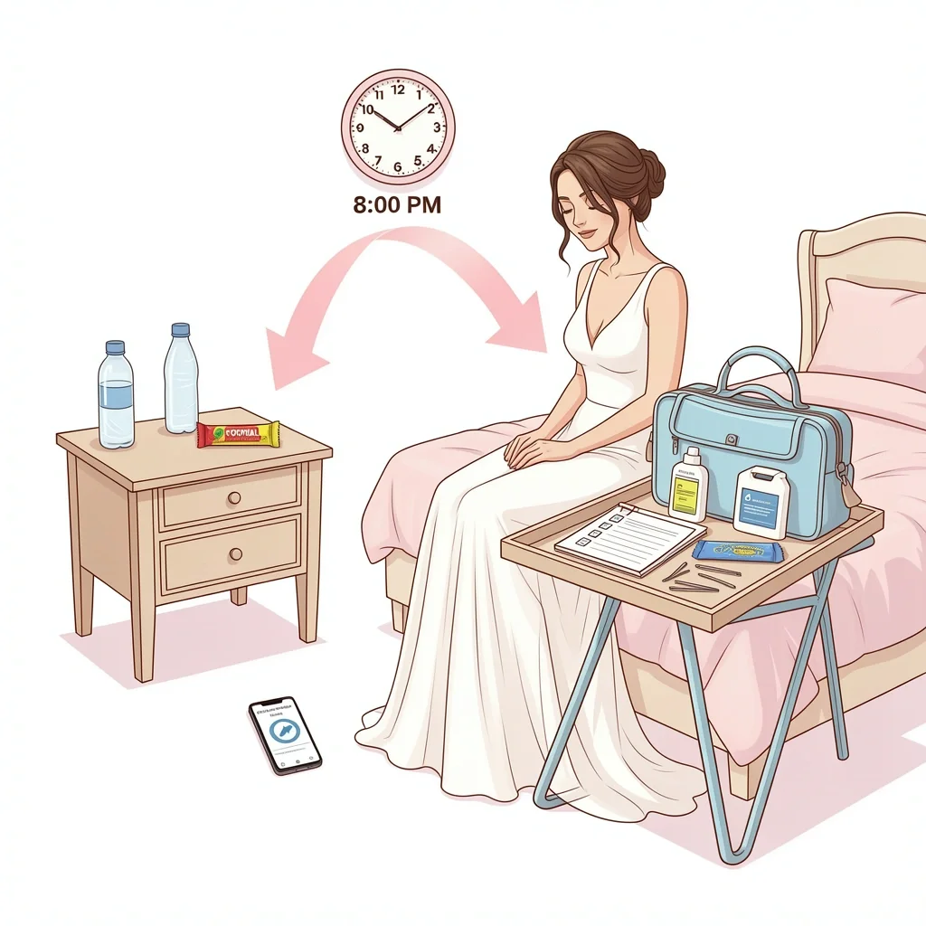 Pre-Wedding Night Crisis Management A bride with a packed emergency kit, checklist, and phone set to 'Do Not Disturb' the night before her wedding