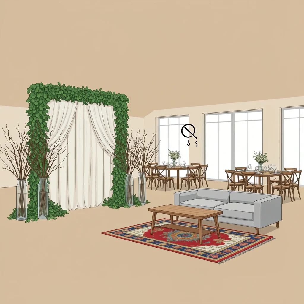 Modern wedding reception with freestanding arch, tall floor vases, and lounge furniture, all floor-to-table decor, no ceiling hanging needed.