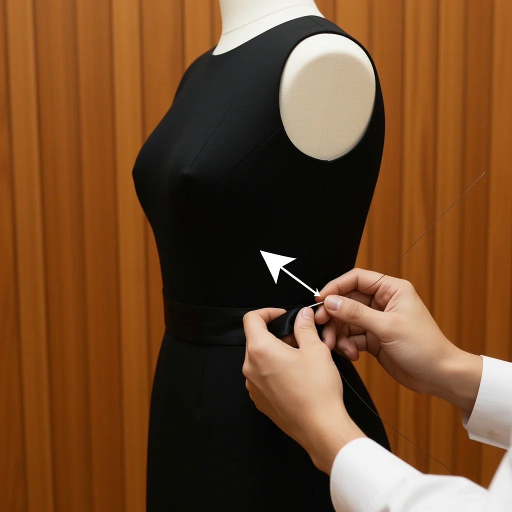 Tailor's hands sewing the waist of a black tuxedo jacket on a mannequin, with a before and after silhouette arrow.