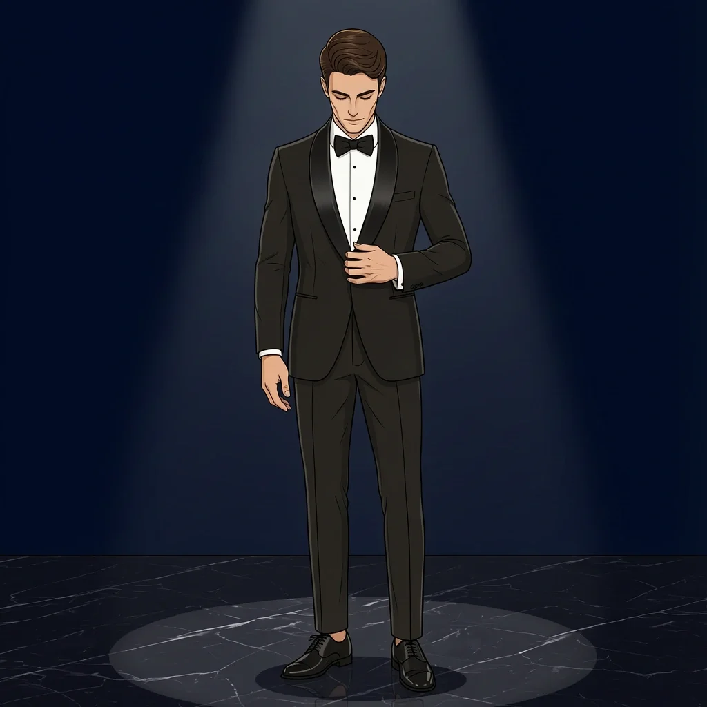 Groom in black shawl lapel tuxedo from St. Laurent standing on dark marble floor with spotlight and bow tie.