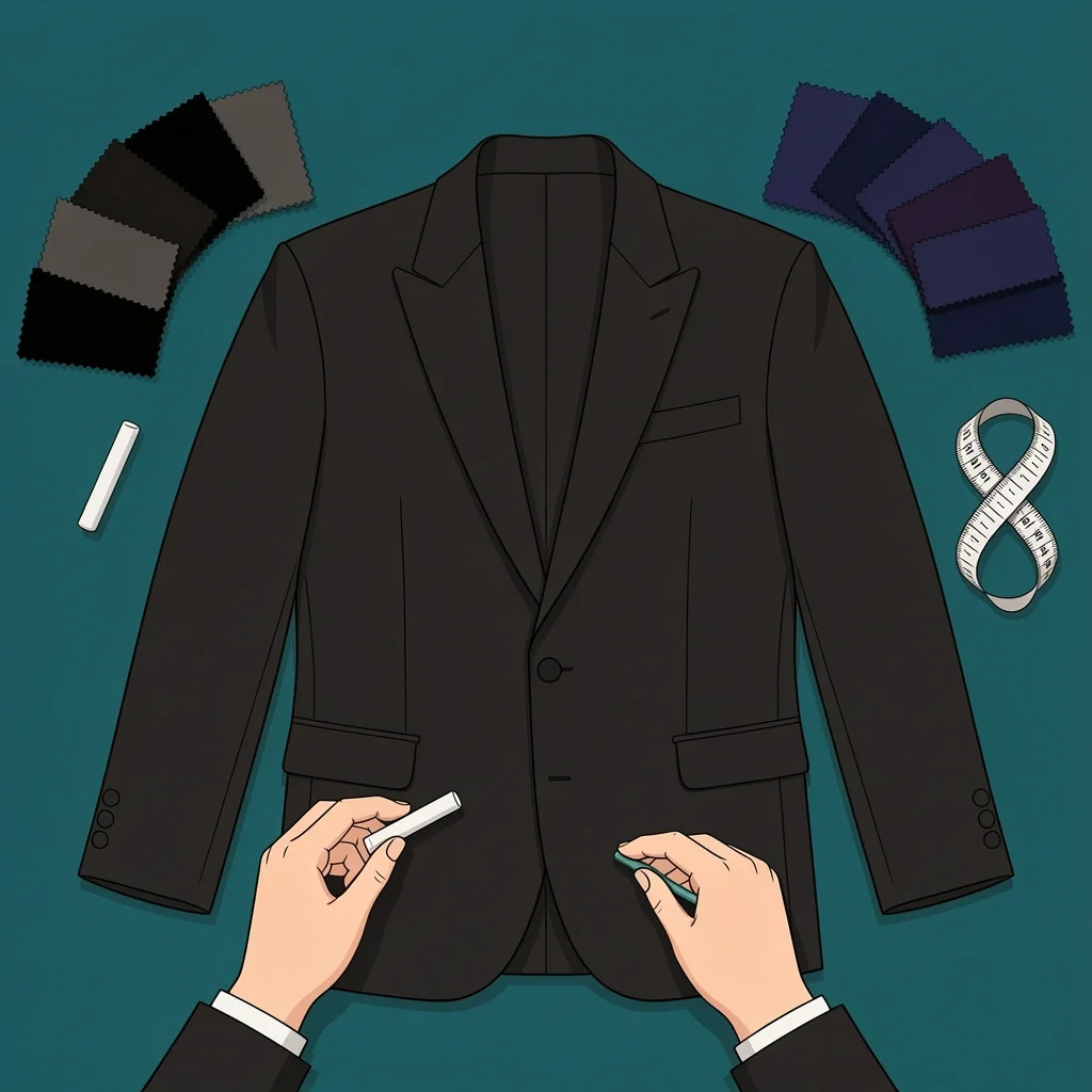 Overhead view of a tailor's workspace with an unfinished black tux jacket, fabric swatches, measuring tape, and chalk.