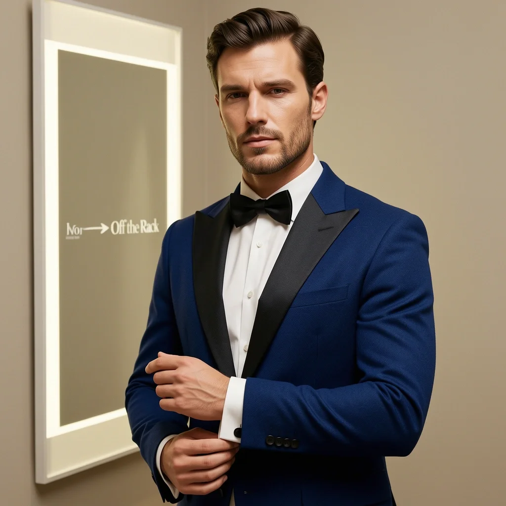 Man in Hugo Boss blue wool tuxedo jacket adjusting cuff in a Nordstrom dressing room mirror.