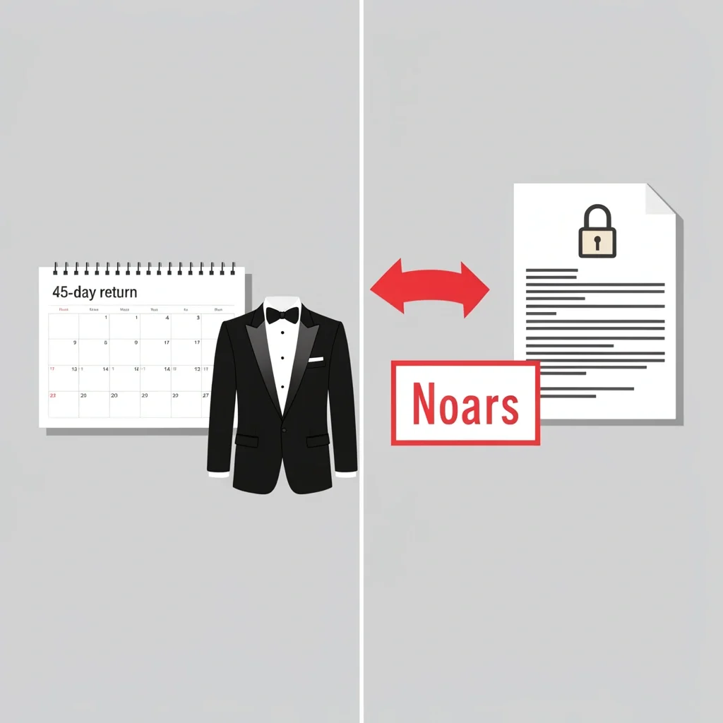 Split composition with a return calendar and tux jacket on left, locked rental contract with no returns icon on right.