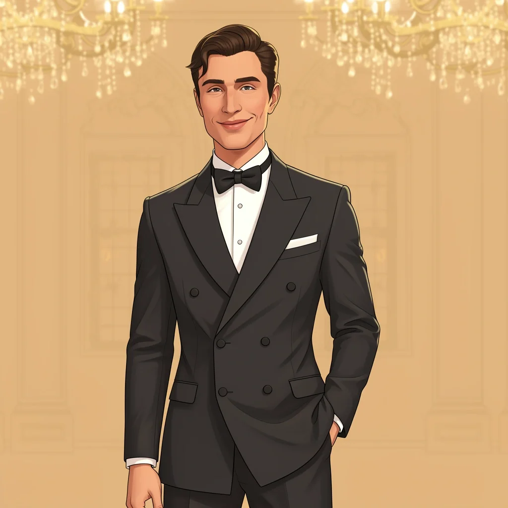 Groom in charcoal notch lapel Hugo Boss tuxedo in a ballroom with chandeliers, smiling and unbuttoned.