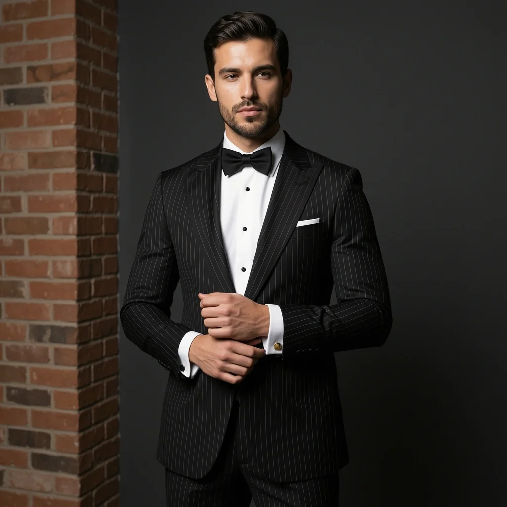 Groom in slim black pinstripe tuxedo from Sartoria Carrara in a modern loft, adjusting cuff with gold cufflink.