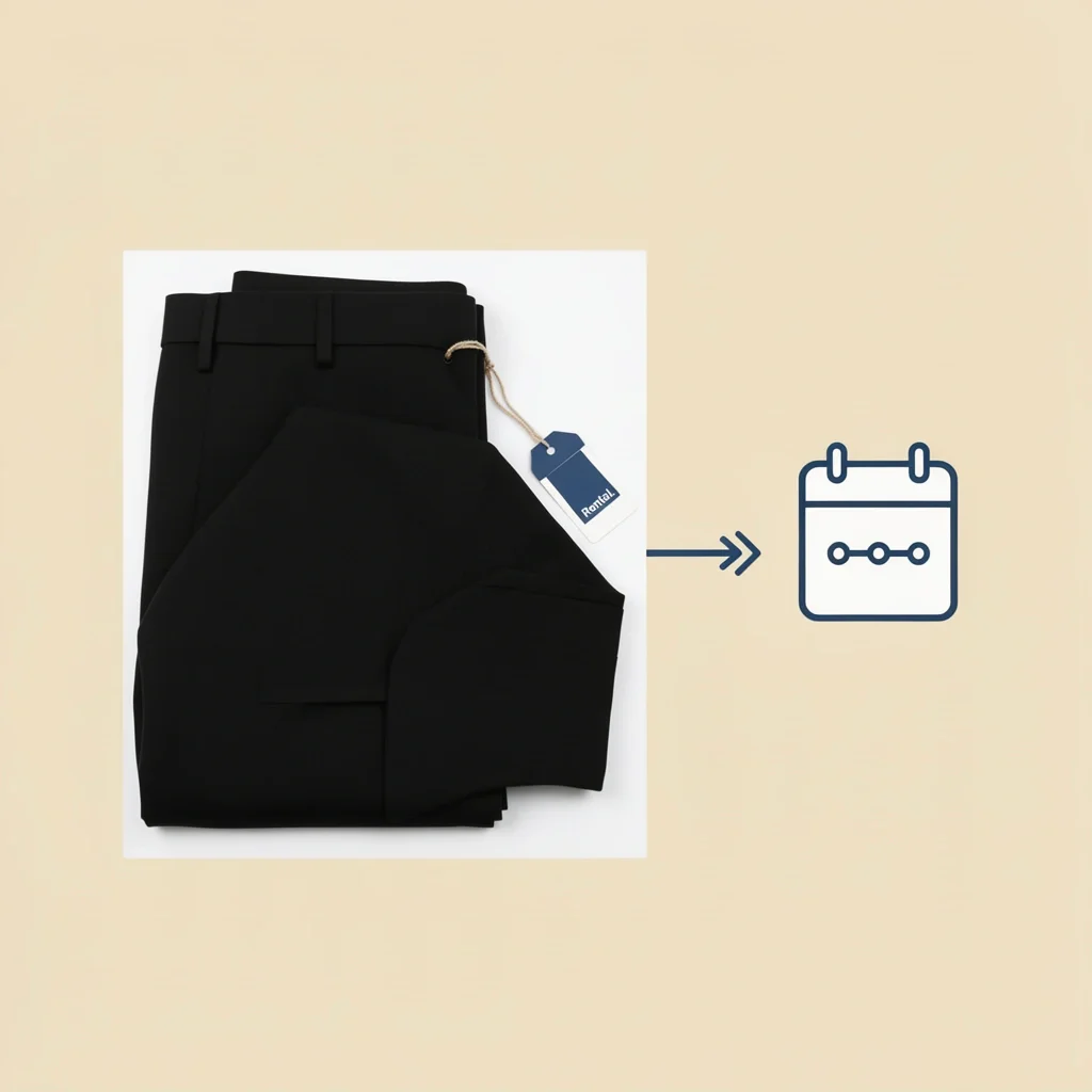 Flat-lay of folded black tux jacket and pants with rental tag and calendar icon showing short timeline.
