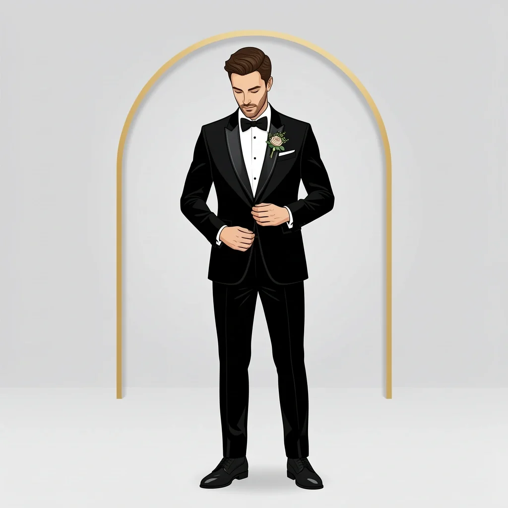 Groom in tailored black tuxedo from Nordstrom with shawl lapel, standing in a clean studio setting with wedding arch backdrop.