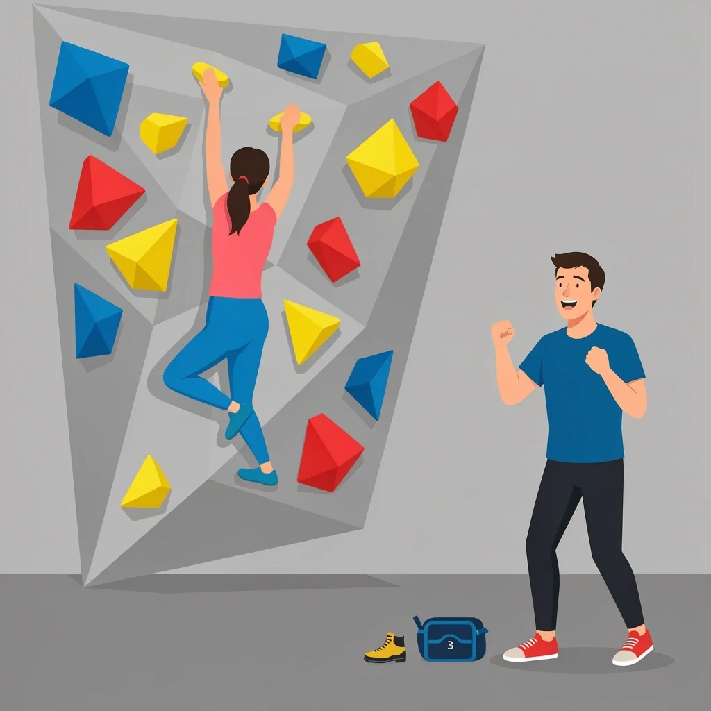 North Mass Boulder Climbing Gym Couple A woman climbing a colorful bouldering wall at North Mass Boulder gym while a man cheers from the floor