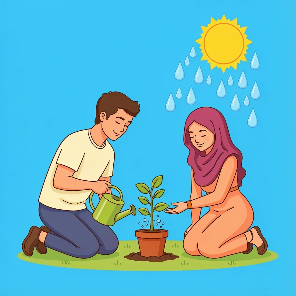 Building Healthy Marriage Habits Illustration Couple watering a plant together with sun and rain, symbolizing building healthy habits before marriage