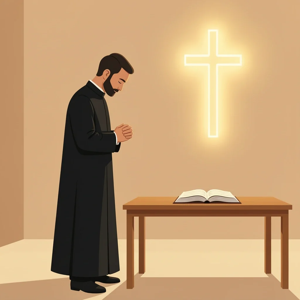 A minister in quiet prayer before officiating a ceremony, Bible and cross in background, representing spiritual preparation