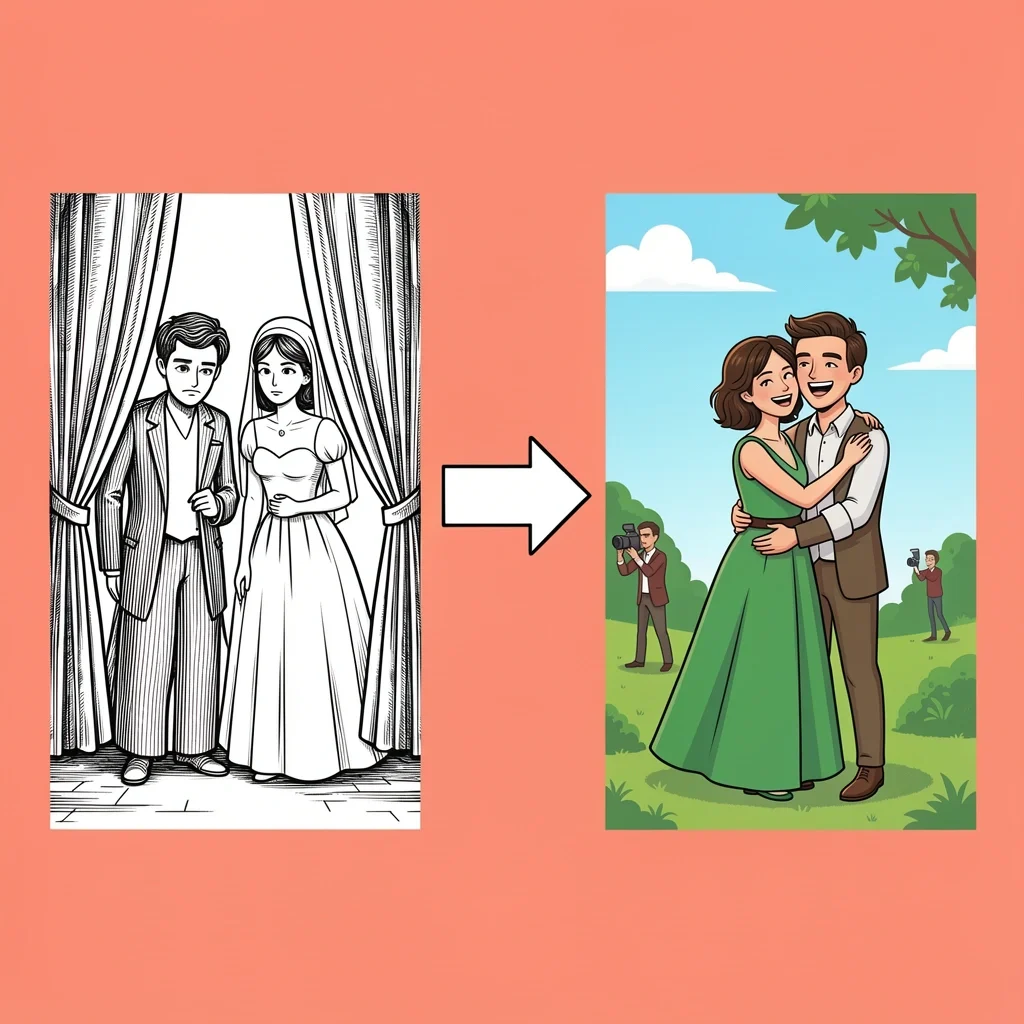 Old Wives Tale Versus Modern Bride First Look A split illustration comparing an old arranged marriage superstition with a modern couple's first look before the ceremony