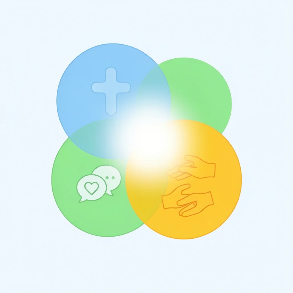 One Flesh Three Levels Marital Union Diagram Three interlocking circles colored blue, green, and yellow with symbols of faith, emotional connection, and physical intimacy, merging into a glowing center