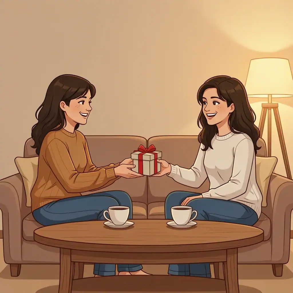 Asking in Person Over Coffee Two friends having coffee, one handing a gift box to ask her to be a bridesmaid, 2D illustration