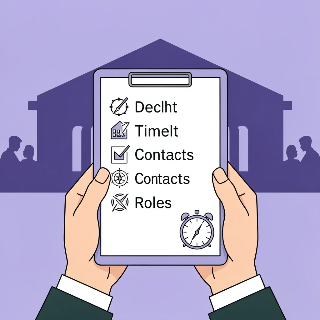 Wedding party member holding a one-page document with timeline, contacts, and roles checklist