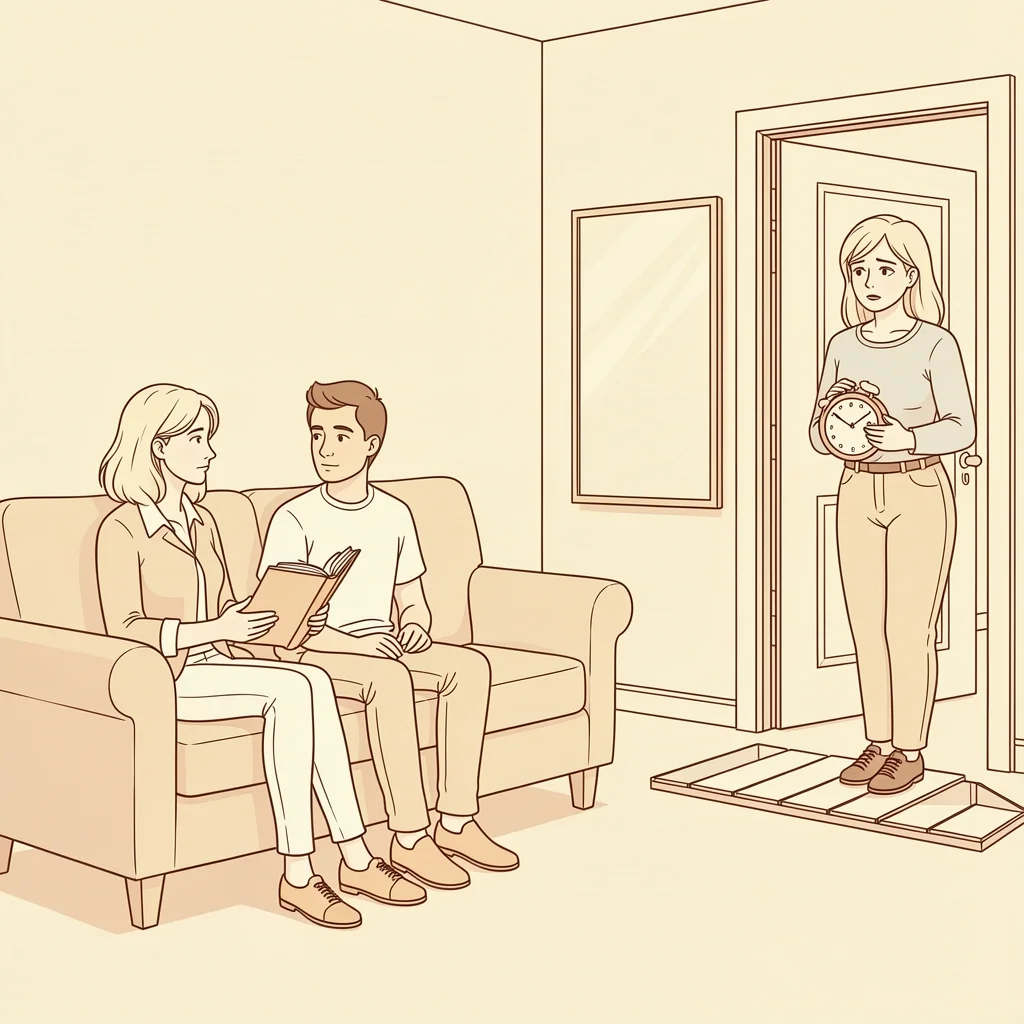One Partner Wants to Continue Counseling One partner continues therapy alone while the other hesitates at the door