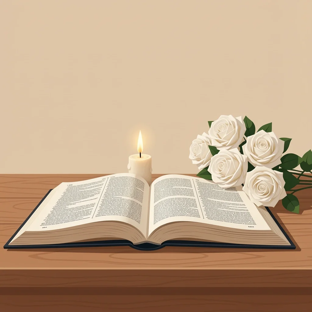 An open Bible with a candle and white roses, symbolizing a wedding morning devotional.