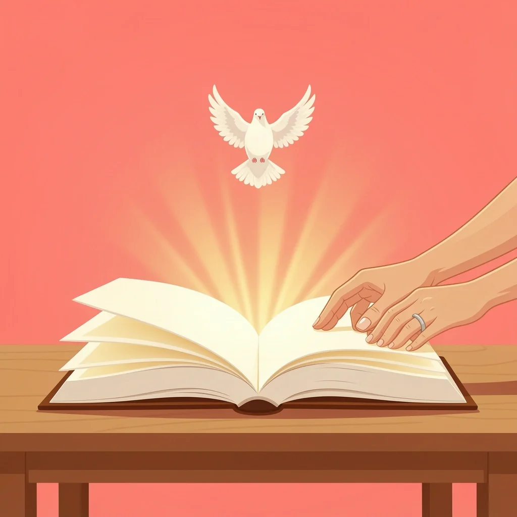 An open devotional book on a table with two hands touching its pages, symbolizing a couple's shared prayer before marriage