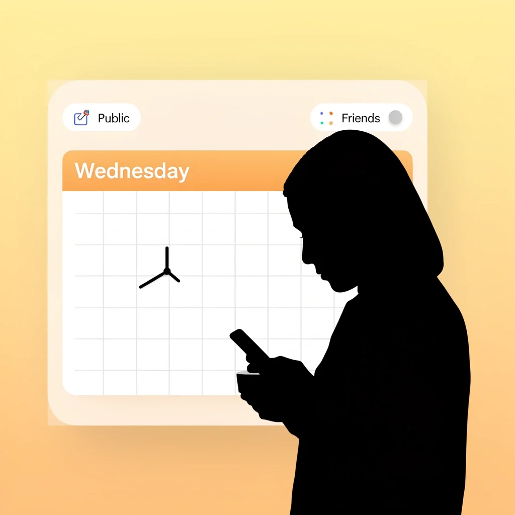 Best Time to Post on Facebook A calendar highlighting Wednesday with a clock at 7 PM, a person with coffee scrolling a phone, and privacy toggle icons