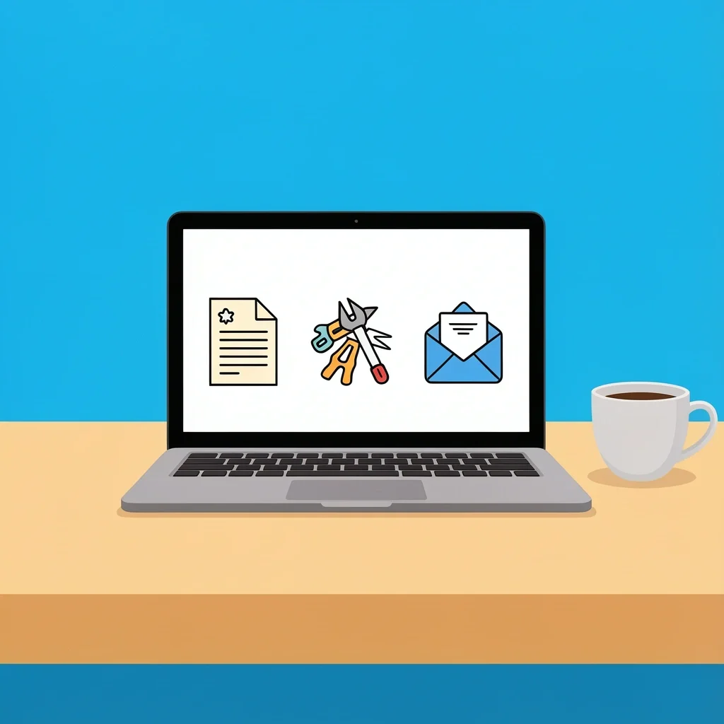 Laptop with three icons: printed card, DIY craft, digital envelope, coffee cup on desk