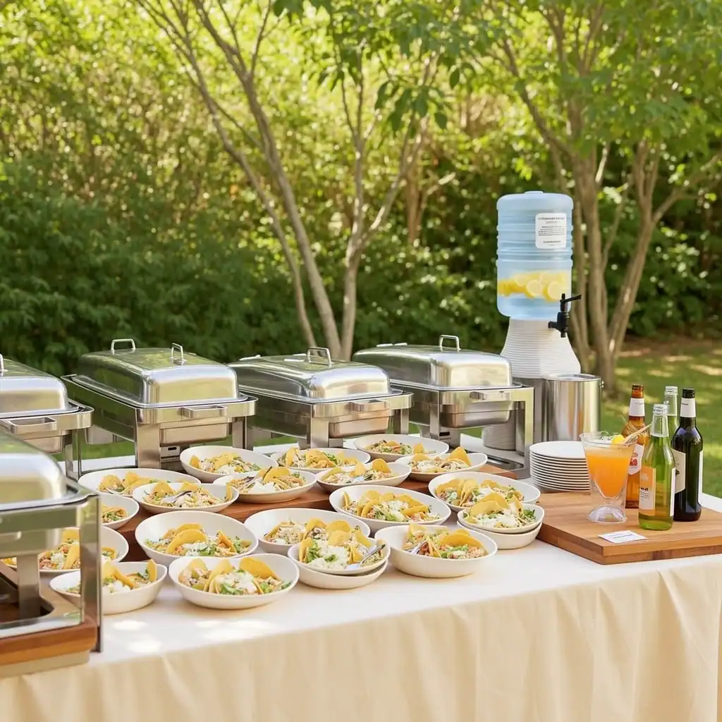 Outdoor wedding buffet with chafing dishes, taco bar, and drink station with water, cocktail, and wine